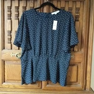 Short Sleeve Blue&White Polka Dot Blouse